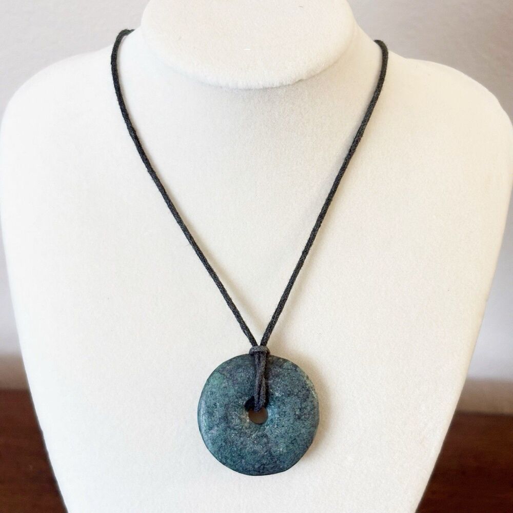 Blue Donut Pendant on Black Cord 24" BOHO Natural Artsy